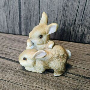 Vintage Homco Bunnies Rabbits Figurine, Brown Porcelain 1455 Easter Decor Gift